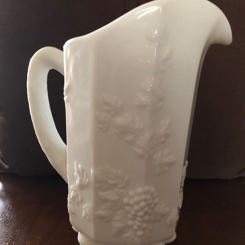 Vintage Grape & Leaf Footed Milk Glass Pitcher